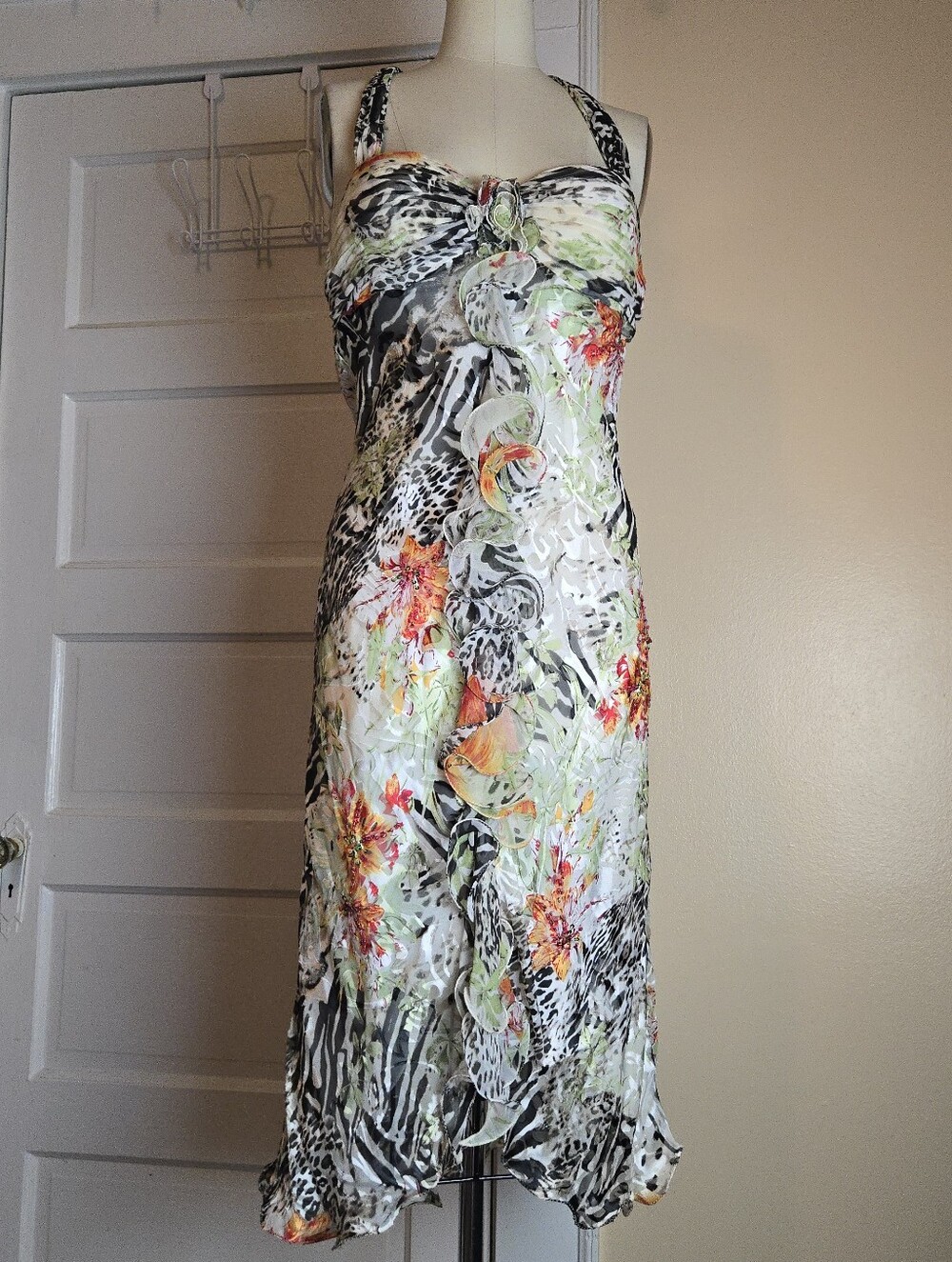 Diane Freis Silk Blend Y2K white multi animal print midi dress, ruffle, beaded